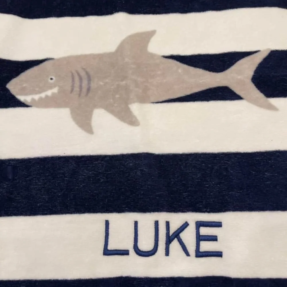 Pottery Barn Kids hooded towel - shark - LUKE monogram - baby size